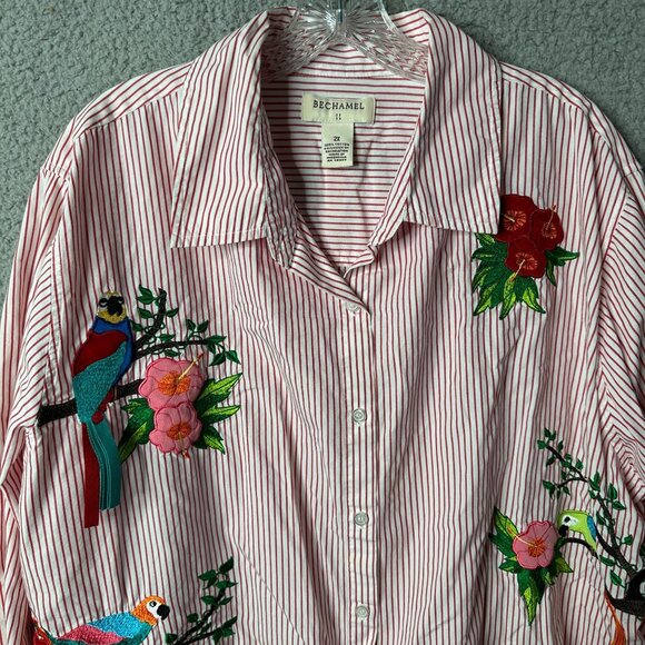 Bechamel 2X Red White Stripe Button Shirt Parrot‎ Floral Embroidered Cotton Top - Picture 3 of 13